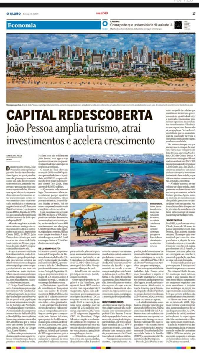 João Pessoa é destaque nacional na edição do jornal O Globo deste domingo