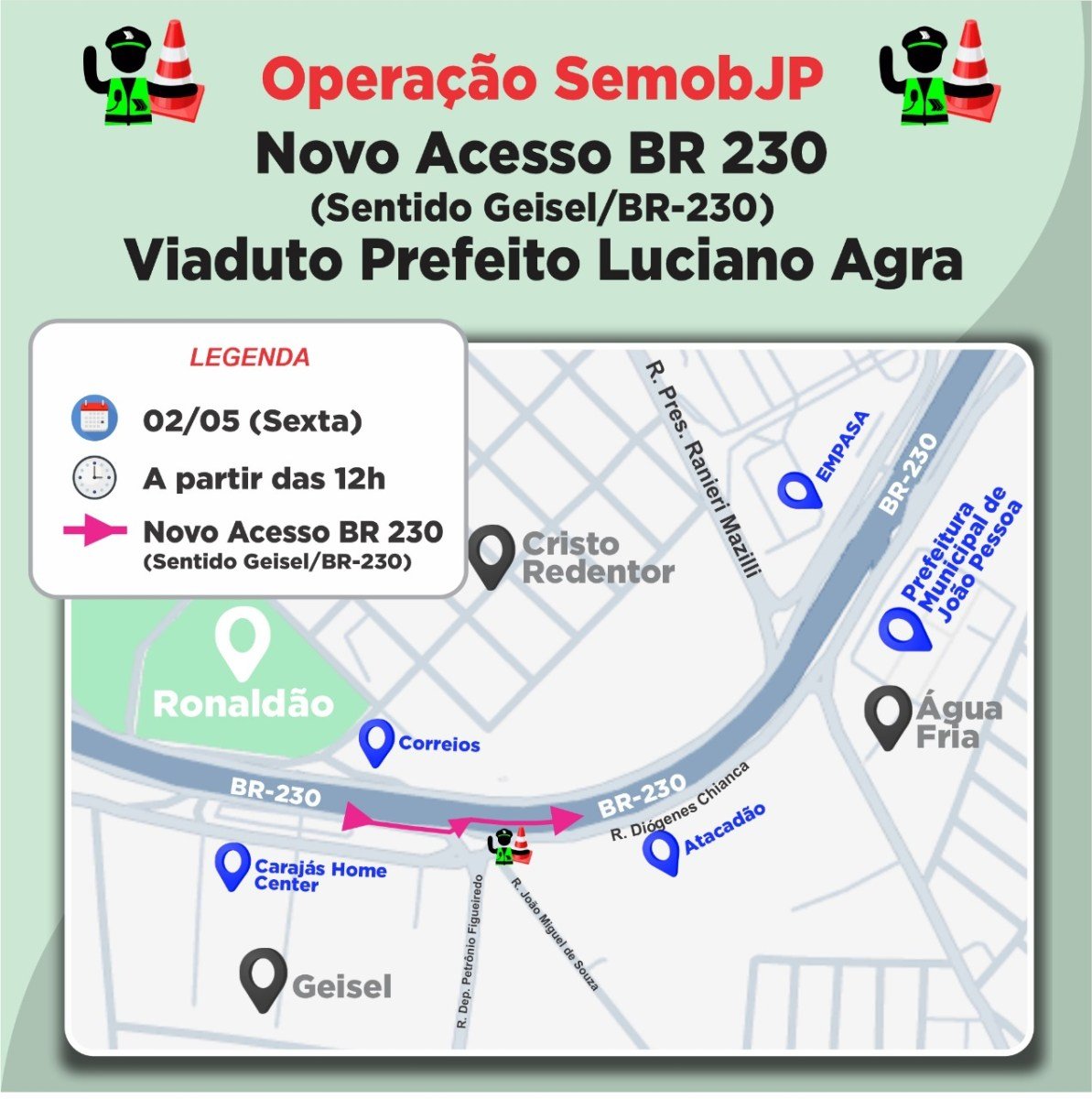 Semob-JP implementa nova intervenção viária no Viaduto Luciano Agra a partir das 12h desta sexta-feira