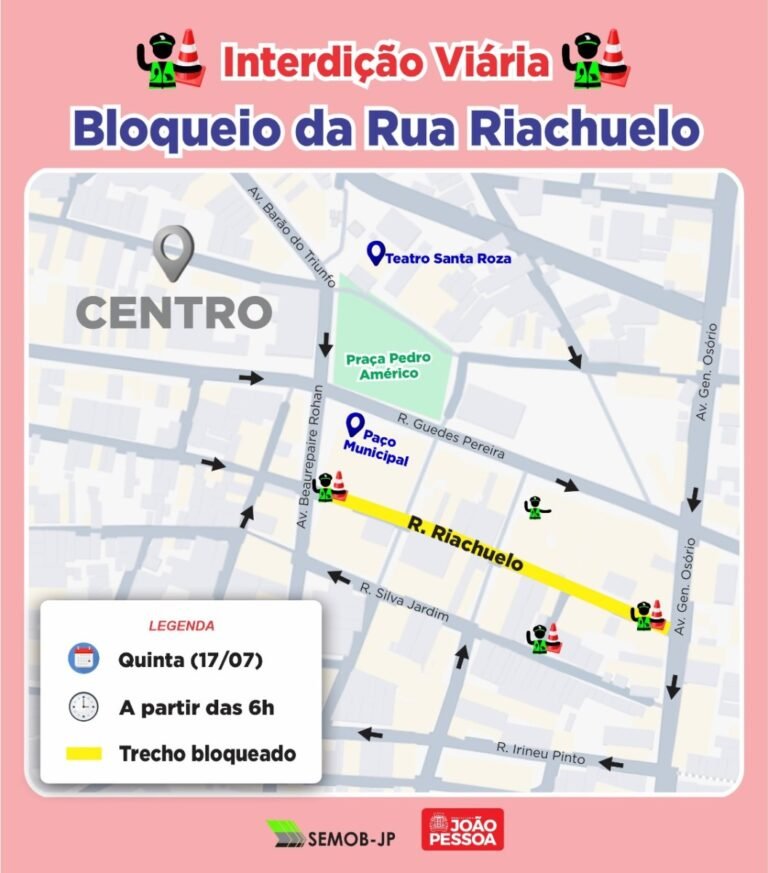 Semob-JP interdita rua nesta quinta-feira para retirada de entulhos no Paço Municipal