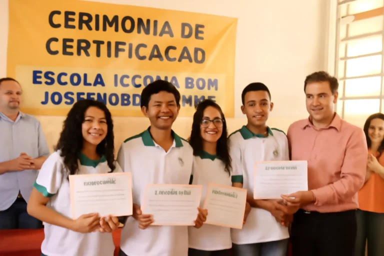 Alunos da Escola Técnica Dom José Maria Pires recebendo certificados na oficina técnicas secretariais Cendac com orgulho, em ambiente escolar iluminado.