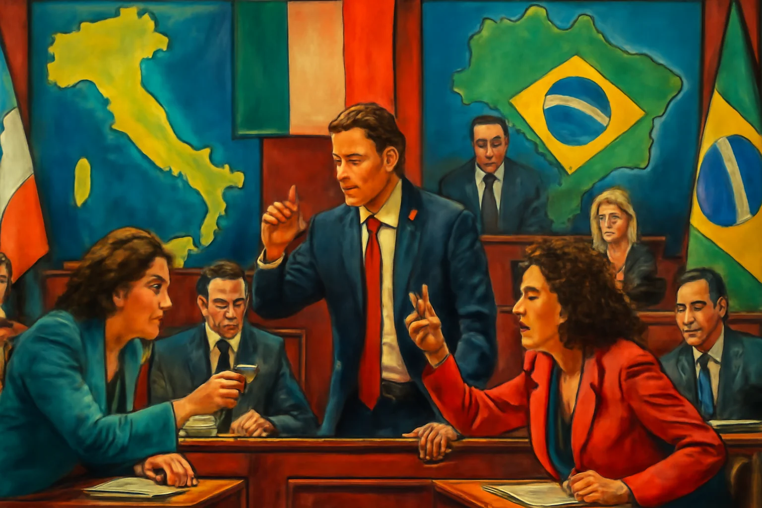 Cena horizontal de deputados em reunião com mapas da Itália e Brasil ao fundo, simbolizando Cabo Gilberto pede à