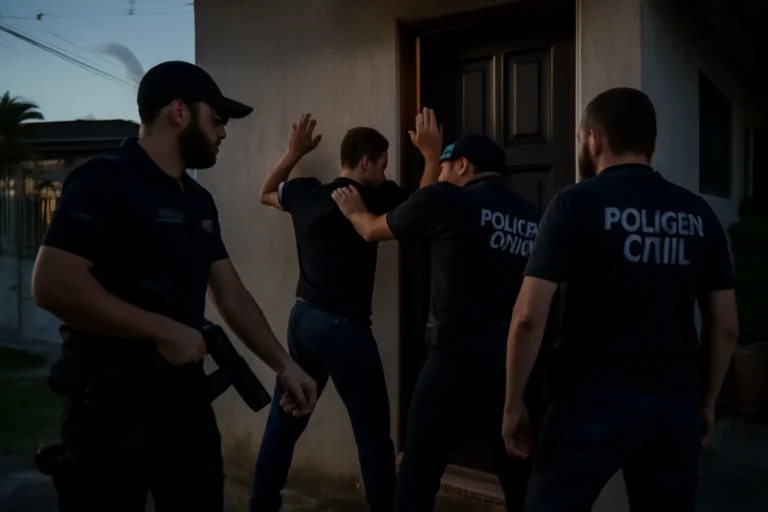 Imagem horizontal mostrando policiais civis abordando homem preso em João Pessoa ao entardecer
