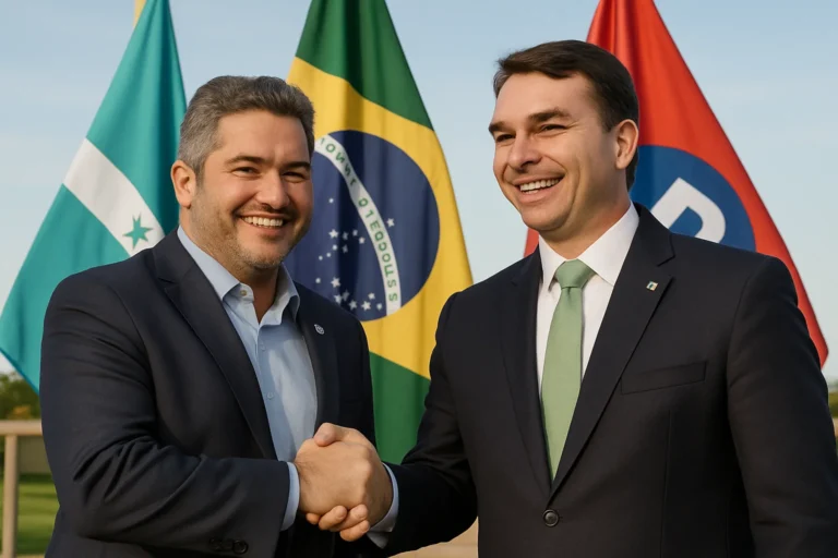 Efraim Filho elogia Flávio Bolsonaro sorrindo e apertando as mãos em evento com bandeiras ao fundo