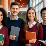 Estudantes jovens com uniformes escolares na sala de aula moderna, simbolizando o Sisu 2026 UEPB abre oportunidades