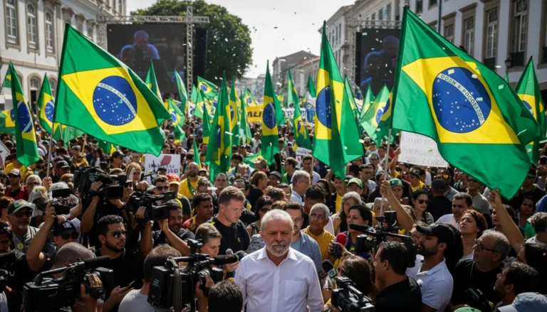 Lula discutindo veto ao PL da Dosimetria em manifestação política com bandeiras brasileiras agitadas