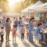 Cena de saúde ao ar livre na Paraíba último dia D, profissionais atendendo famílias com crianças e idosos