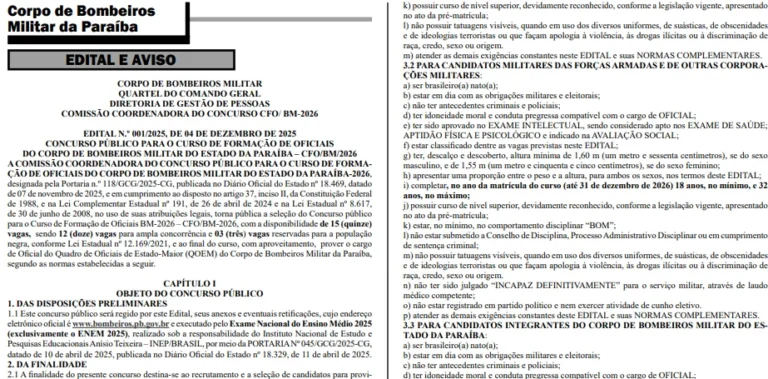 concurso bombeiro militar pb 2026: 15 vagas para oficial, veja edital e salários