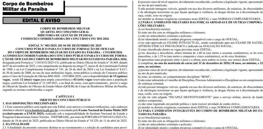 concurso bombeiro militar pb 2026: 15 vagas para oficial, veja edital e salários