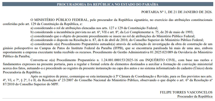mpf abre inquérito civil para investigar obras paralisadas do ifpb em patos