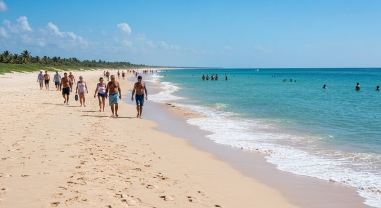 Caminho de Moisés em Lucena, Paraíba, com faixa de areia surgindo mar adentro durante a maré baixa.