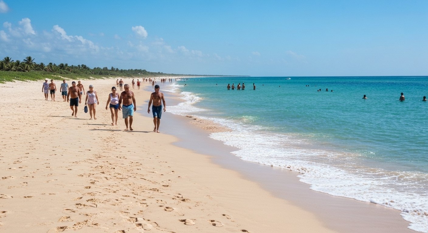 Caminho de Moisés em Lucena, Paraíba, com faixa de areia surgindo mar adentro durante a maré baixa.