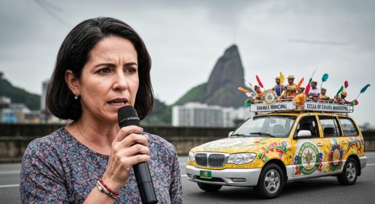 Vereadora Eliza Virgínia criticando enredo de escola de samba e questionando recursos públicos