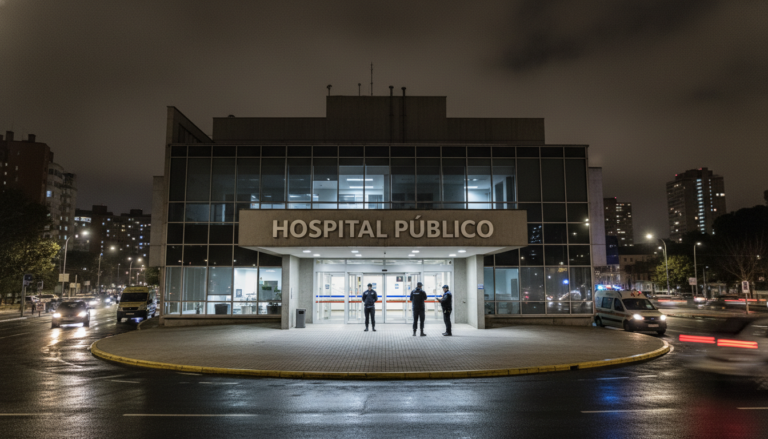 Fachada de um hospital público à noite, com iluminação de segurança.