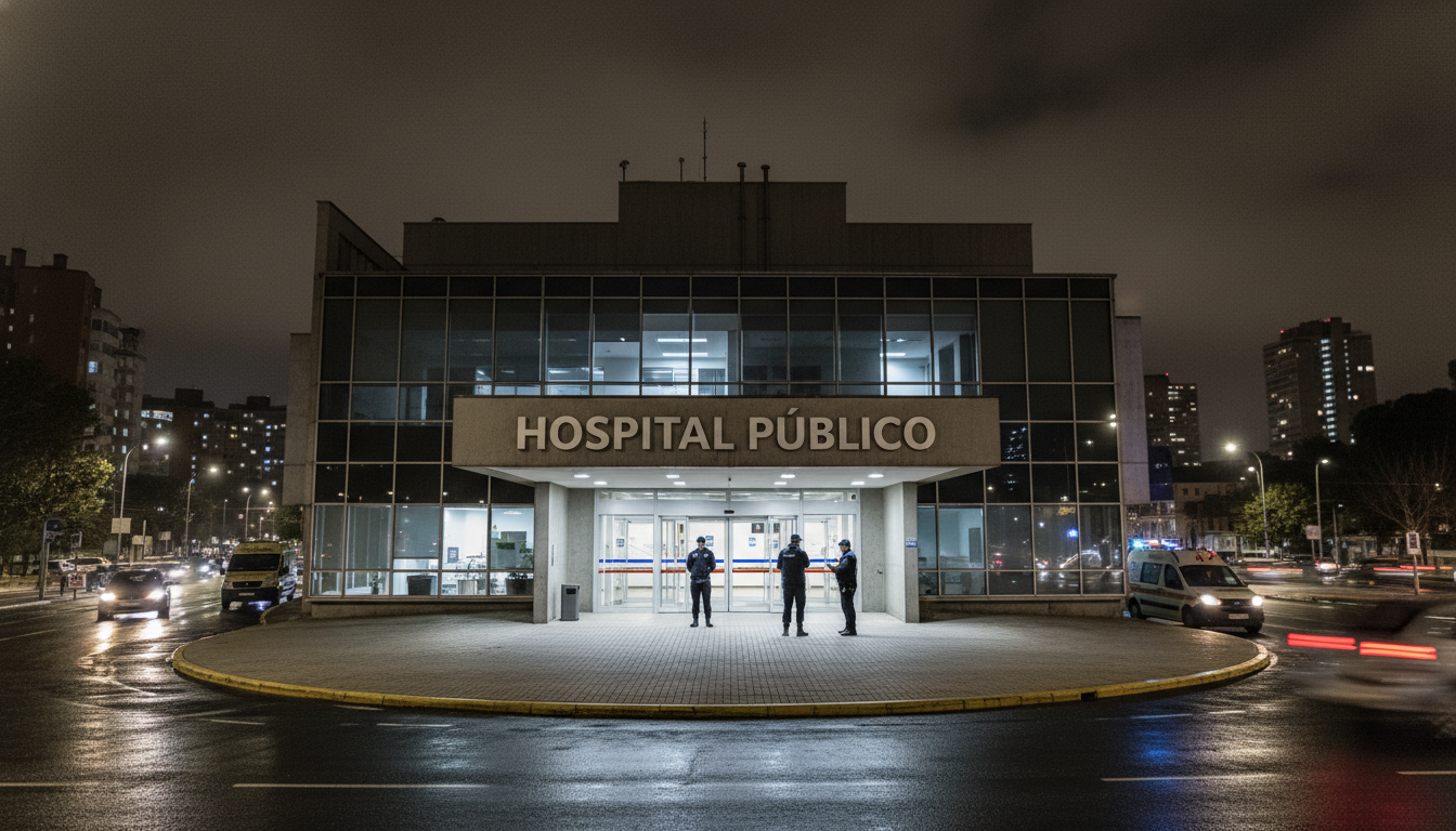 Fachada de um hospital público à noite, com iluminação de segurança.