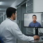 Médico atendendo paciente privado de liberdade por telemedicina em unidade prisional na Paraíba.
