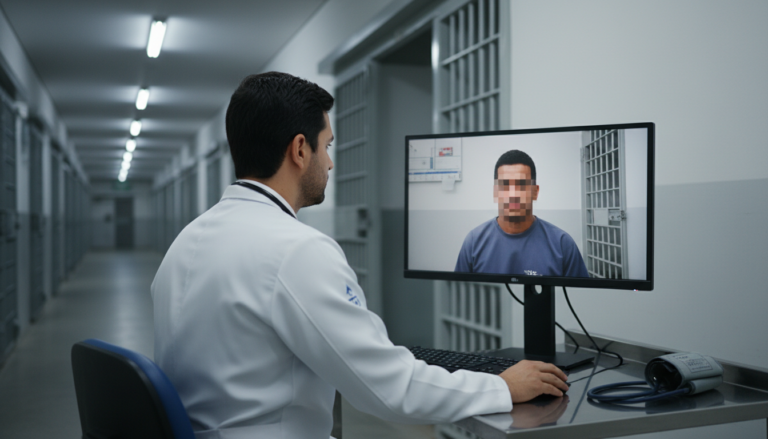 Médico atendendo paciente privado de liberdade por telemedicina em unidade prisional na Paraíba.