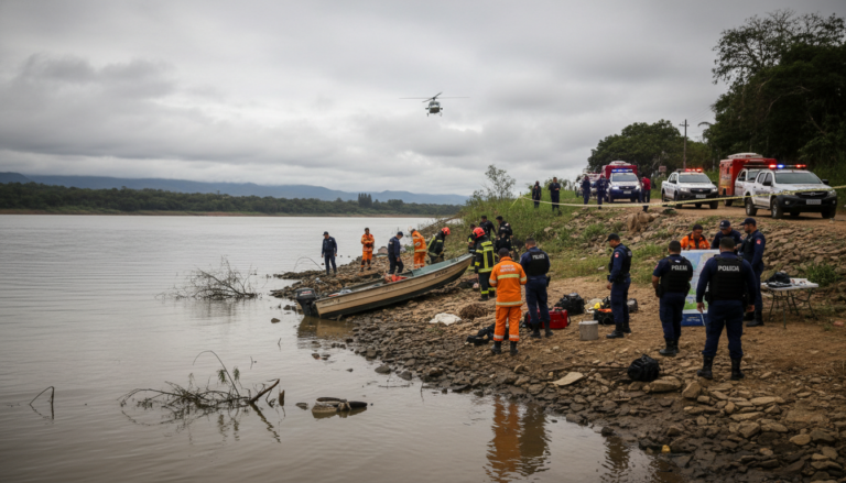 Equipe de resgate em ação próxima à margem de um rio em Lavrinhas