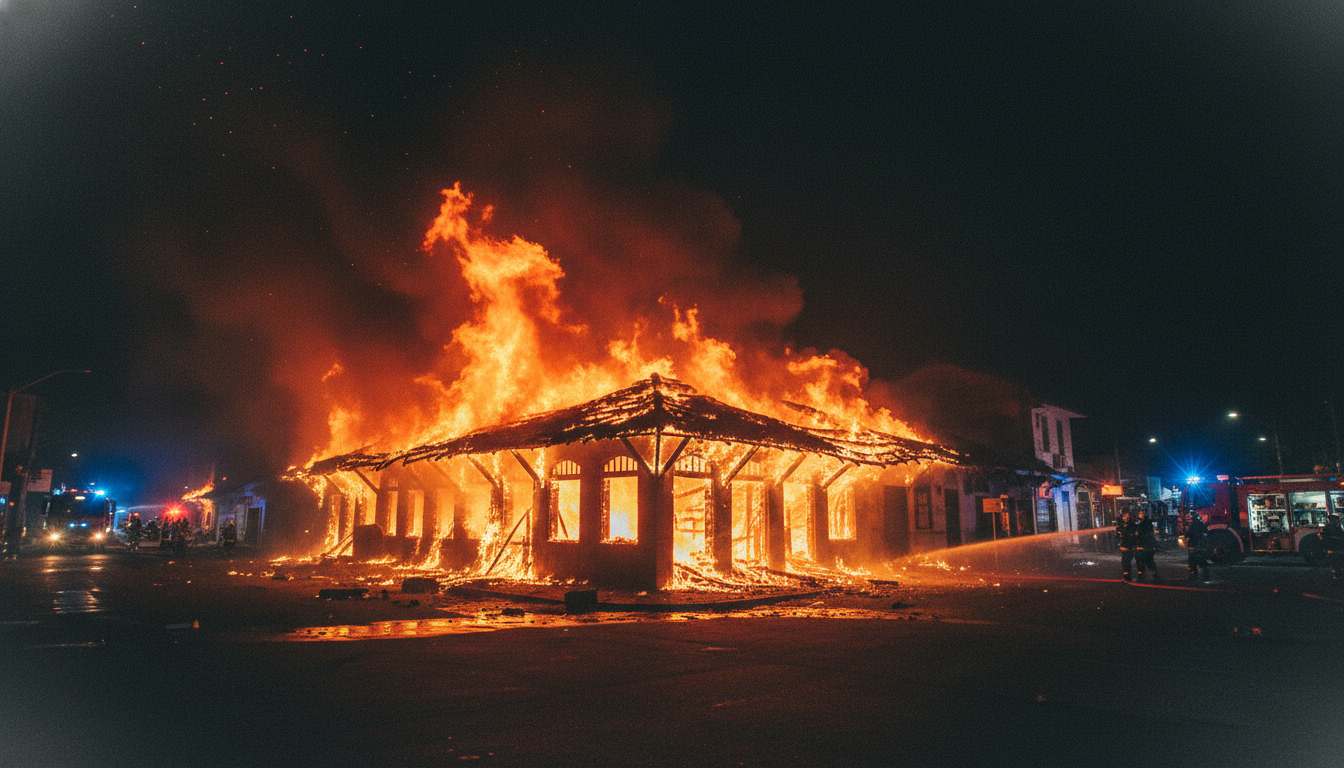 Antigo mercado modelo em João Pessoa tomado por incêndio com densa fumaça e chamas altas.