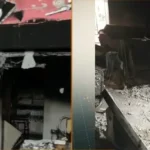 Casa destruída por incêndio em João Pessoa, com destroços e fumaça visíveis.