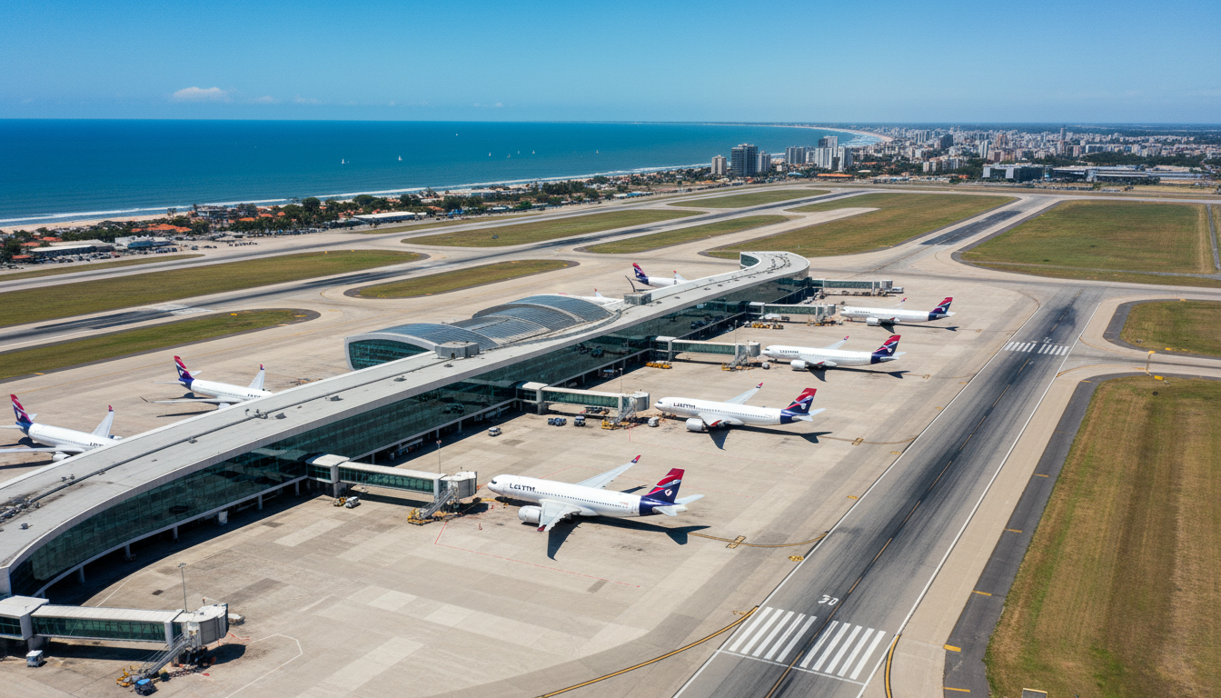 Vista aérea de um aeroporto movimentado com aviões da LATAM, destacando a infraestrutura e a chegada de passageiros.