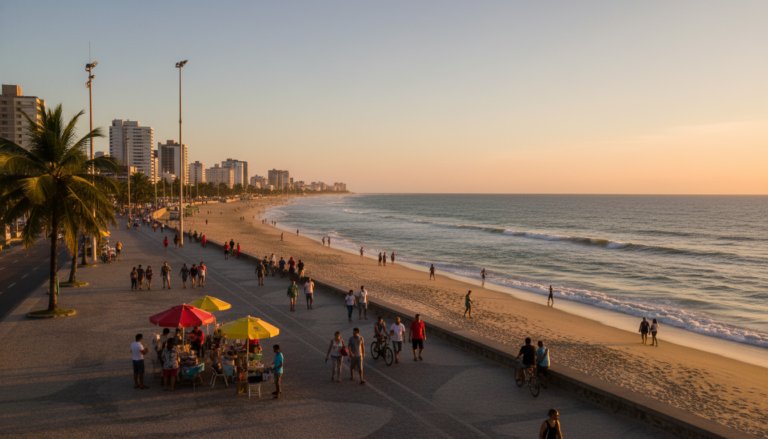 Orla da praia de Tambaú em João Pessoa, com mar azul e céu limpo.