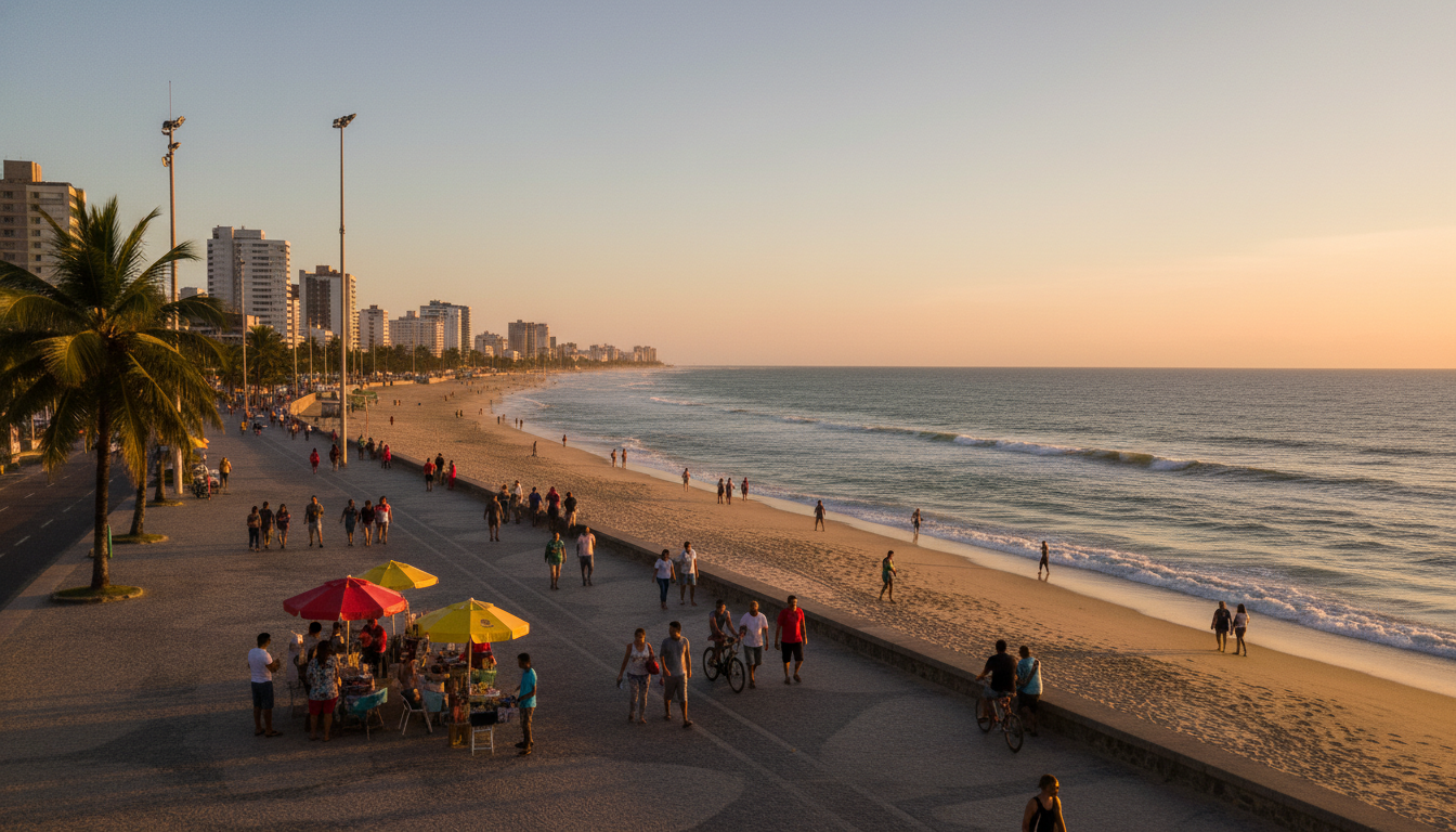 Orla da praia de Tambaú em João Pessoa, com mar azul e céu limpo.