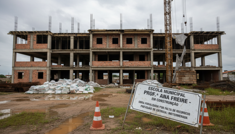 Escola em construção paralisada em João Pessoa, com materiais de construção expostos.