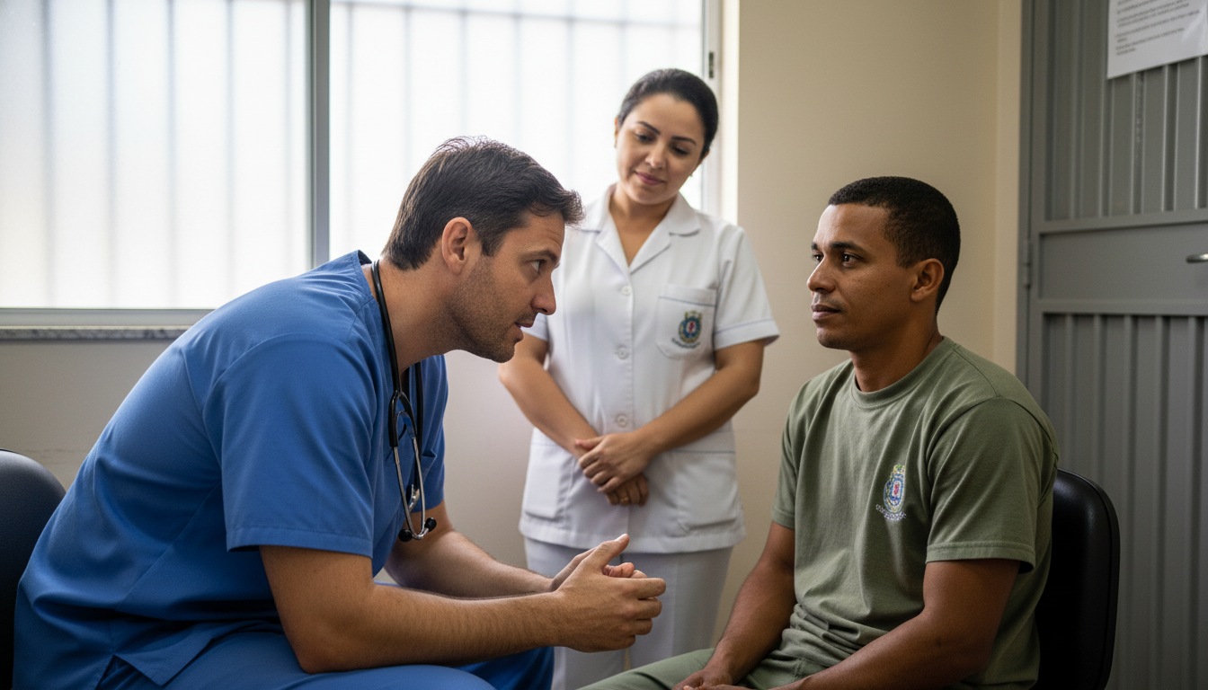 Equipe de saúde atendendo um reeducando em uma unidade prisional na Paraíba