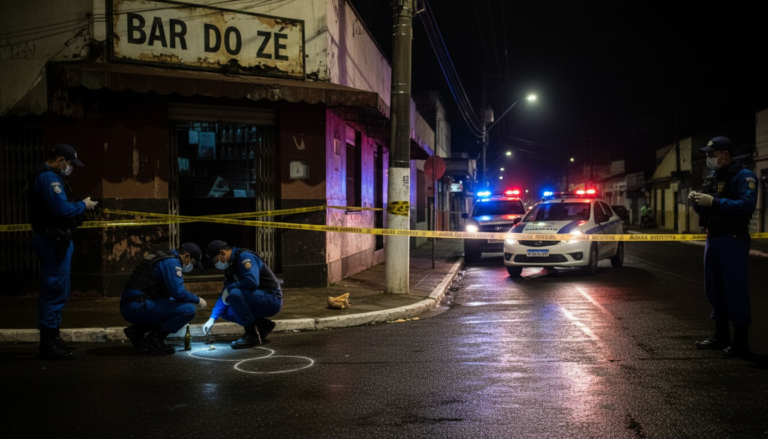 Cena de crime em frente a um bar em João Pessoa, com presença policial e isolamento da área.