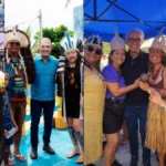 Governador Lucas Ribeiro e Cícero Lucena em evento do Dia dos Povos Indígenas na Baía da Traição, Paraíba, com outras lideranças políticas.