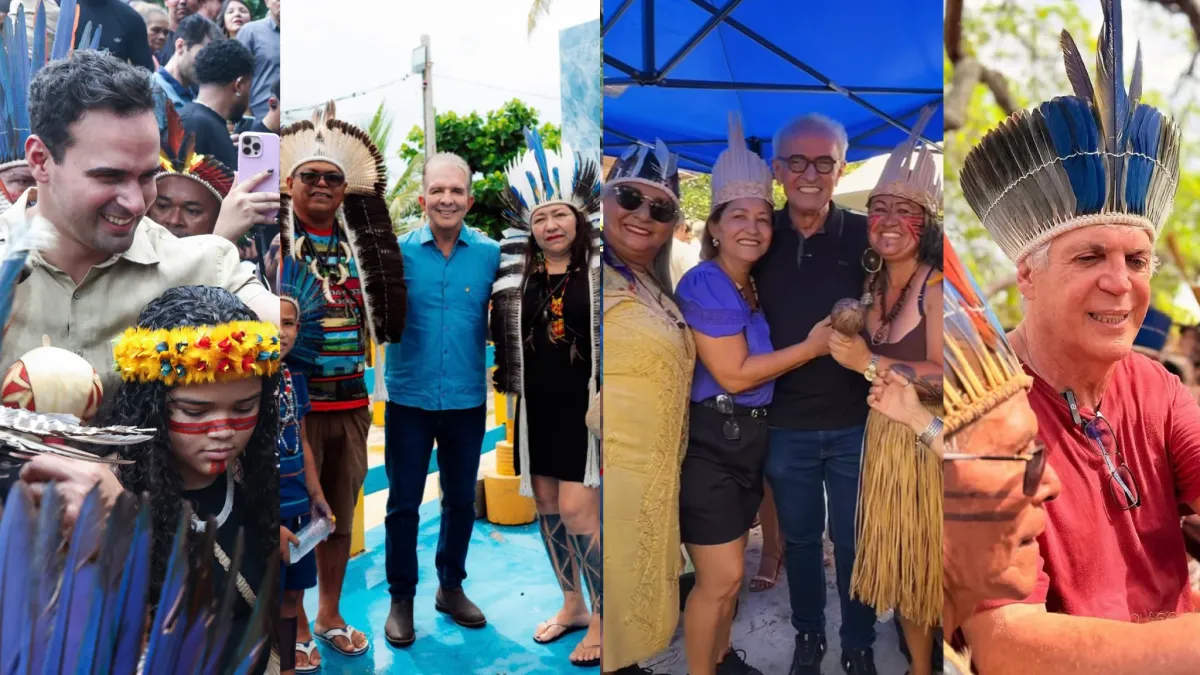 Governador Lucas Ribeiro e Cícero Lucena em evento do Dia dos Povos Indígenas na Baía da Traição, Paraíba, com outras lideranças políticas.