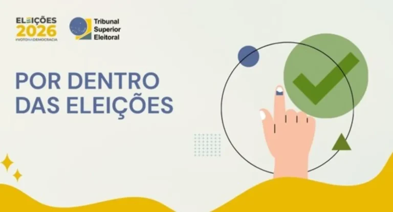 Representação visual de inteligência artificial sendo aplicada em um contexto eleitoral, com selos do TSE e Eleições 2026.