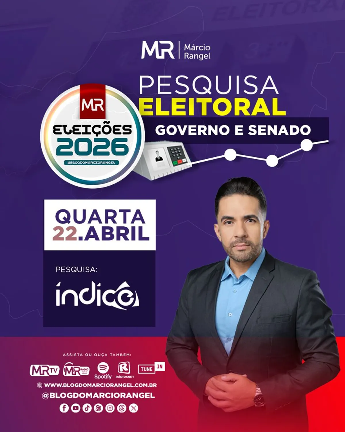 Jornalista apresentando resultados de pesquisa eleitoral para governo e senado na Paraíba