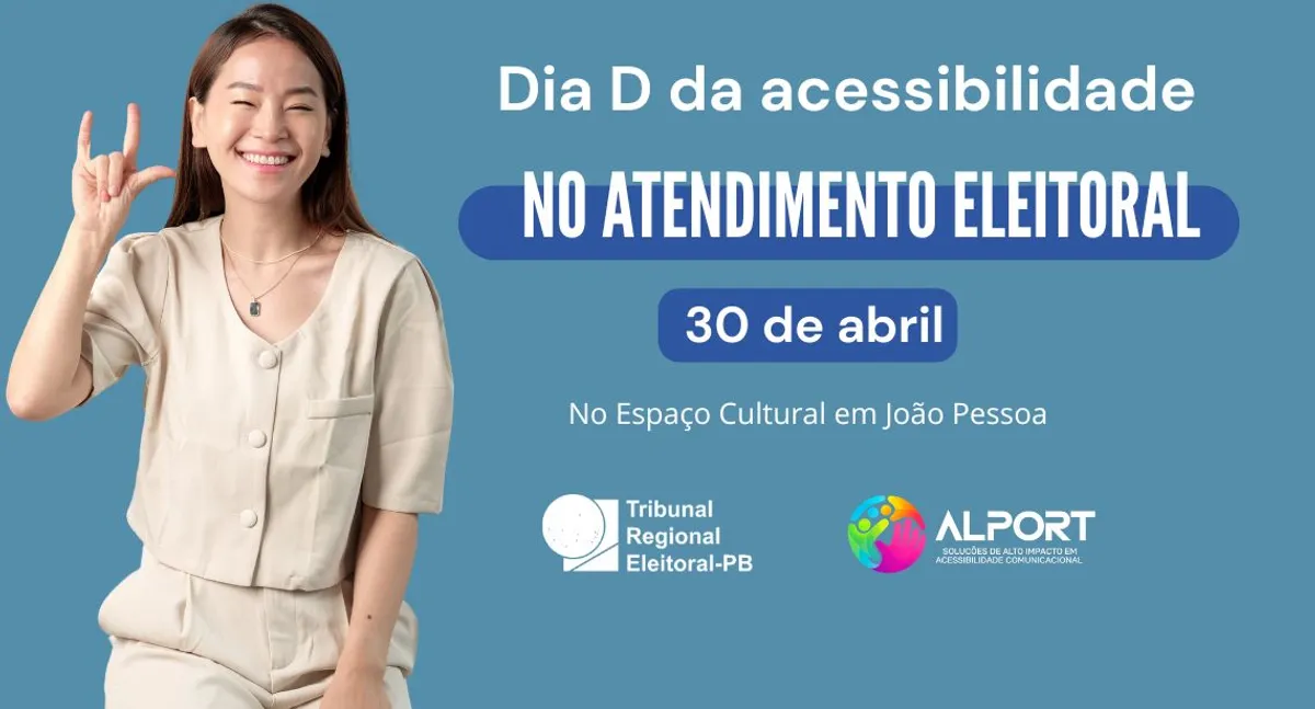 Mulher sorridente fazendo sinal de 'eu te amo' em Libras em atendimento do TRE-PB, simbolizando acessibilidade eleitoral.