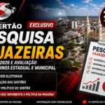 Gráficos de pesquisa eleitoral em tablet sobre mapa de Cajazeiras, com políticos ao fundo