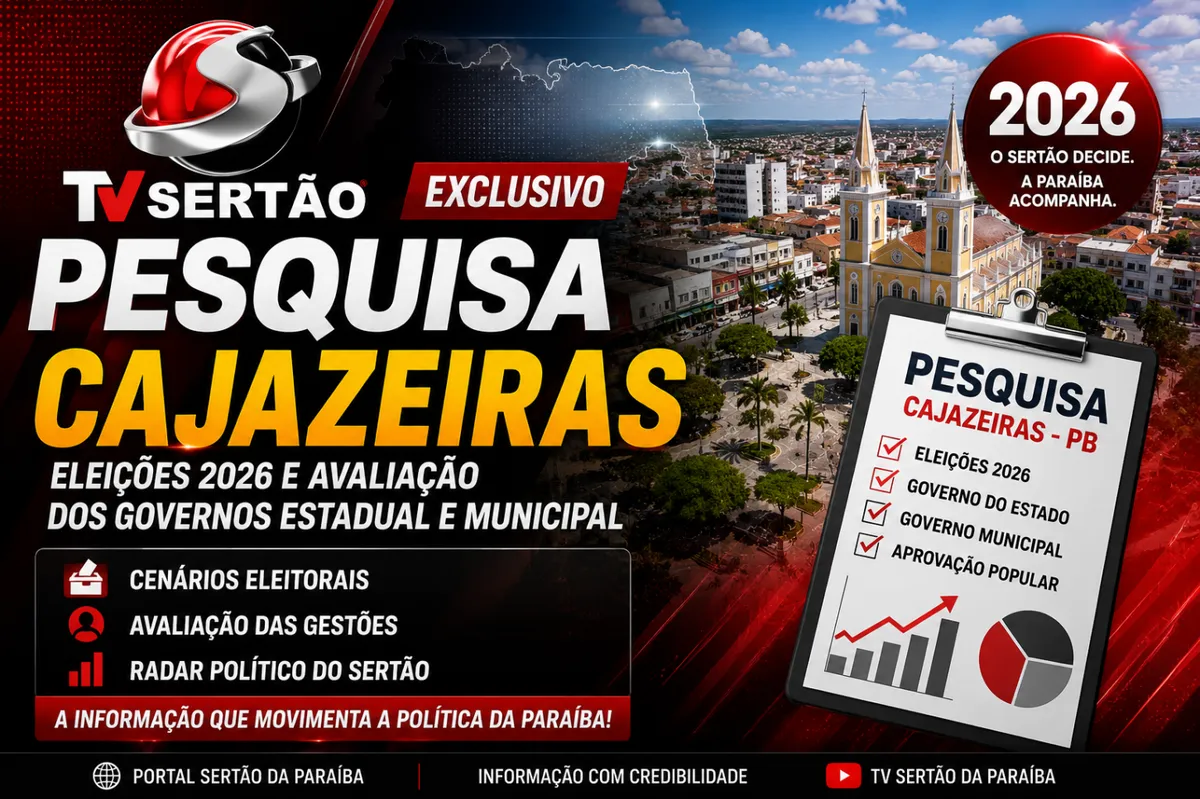 Gráficos de pesquisa eleitoral em tablet sobre mapa de Cajazeiras, com políticos ao fundo