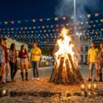 Milhões de pessoas dançando forró sob bandeirinhas coloridas no São João de Campina Grande à noite