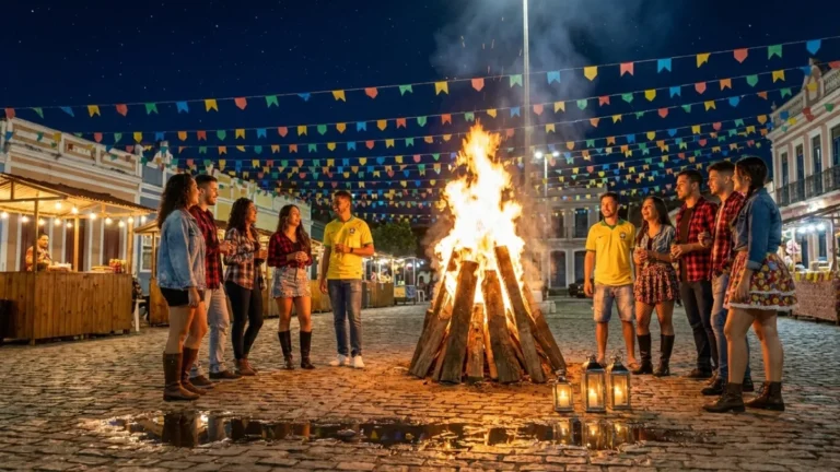 Milhões de pessoas dançando forró sob bandeirinhas coloridas no São João de Campina Grande à noite