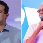 Urna eletrônica em destaque com prédio governamental ao fundo em fotojornalismo realista.