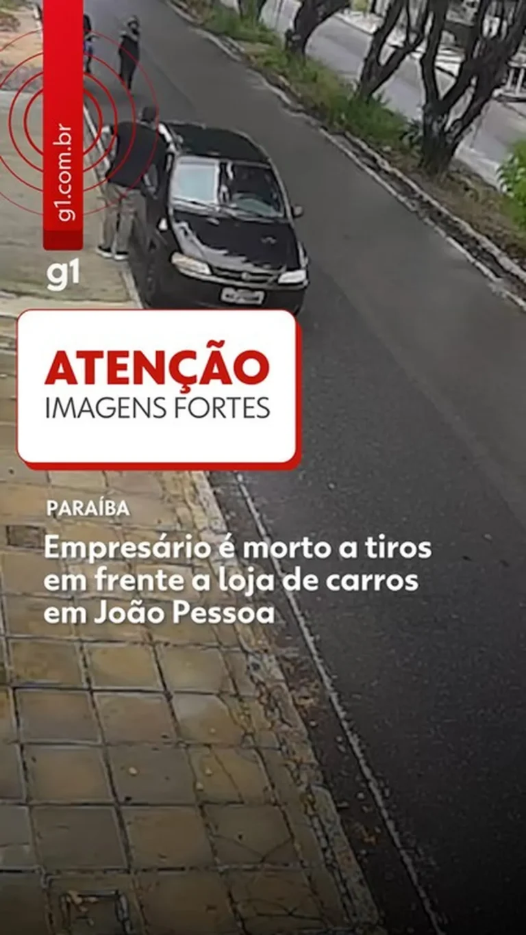 Cena de crime em frente a loja de carros com equipes de investigação