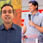 Pessoas dançando quadrilha junina em festa de São João em João Pessoa, Paraíba, com luzes e decoração tradicional.