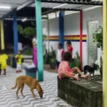 Famílias desabrigadas reunidas na frente de uma escola em João Pessoa após fortes chuvas.