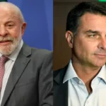 Urna eletrônica exibindo resultados de pesquisa eleitoral com gráficos ao fundo.