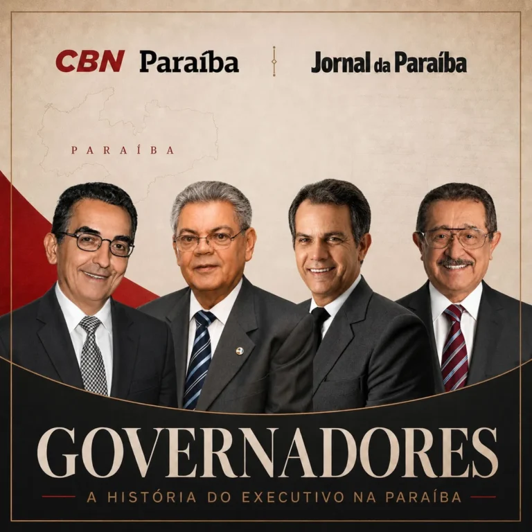 Microfone de podcast em primeiro plano sobre uma mesa, evocando a história política da Paraíba.