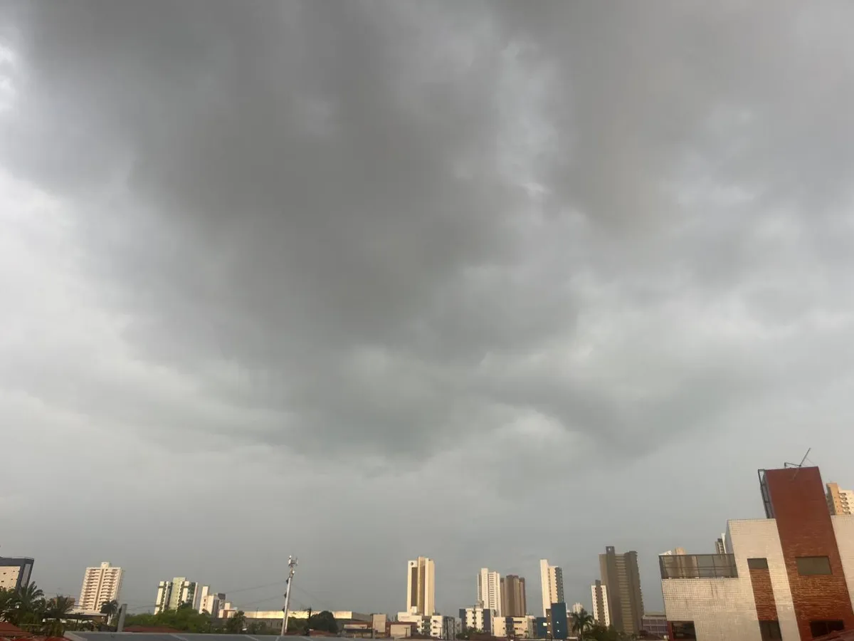 Rua em João Pessoa sob forte chuva com acúmulo de água e galhos caídos.