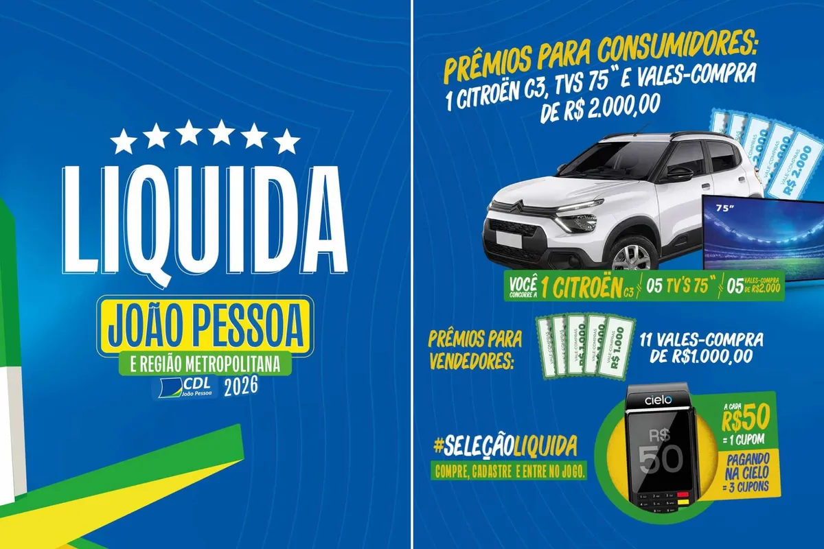 Rua comercial movimentada em João Pessoa com lojas decoradas para a promoção Liquida João Pessoa 2026
