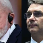 Simulação de debate político entre Lula e Flávio Bolsonaro em estúdio de TV