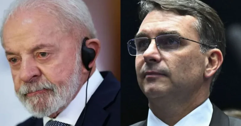 Simulação de debate político entre Lula e Flávio Bolsonaro em estúdio de TV