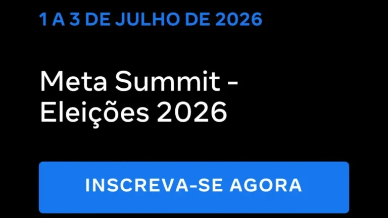 Pessoas participando de um summit sobre eleições digitais, com telas exibindo plataformas da Meta.