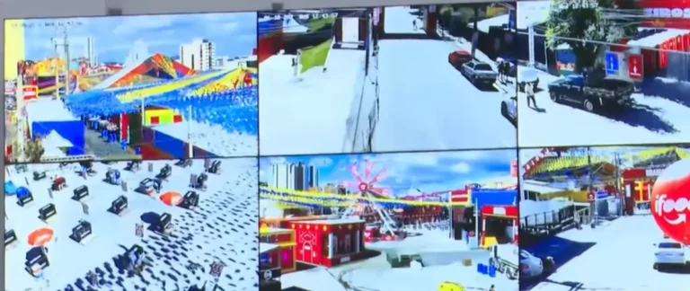 Câmeras de segurança em ação no Parque do Povo durante o São João 2026 em Campina Grande, monitorando a multidão.